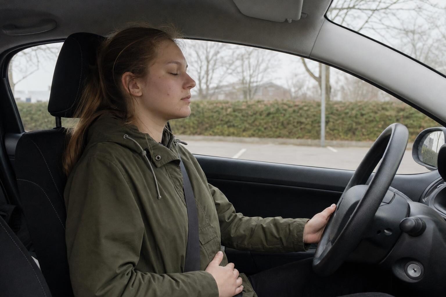 Jeune conductrice qui respire calmement, les yeux fermés, avant de démarrer